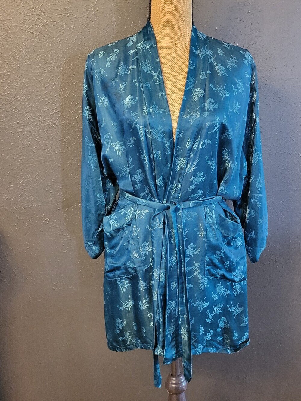 Esme Small 70s Green/Teal Silk Jacquard Short Kimono Robe